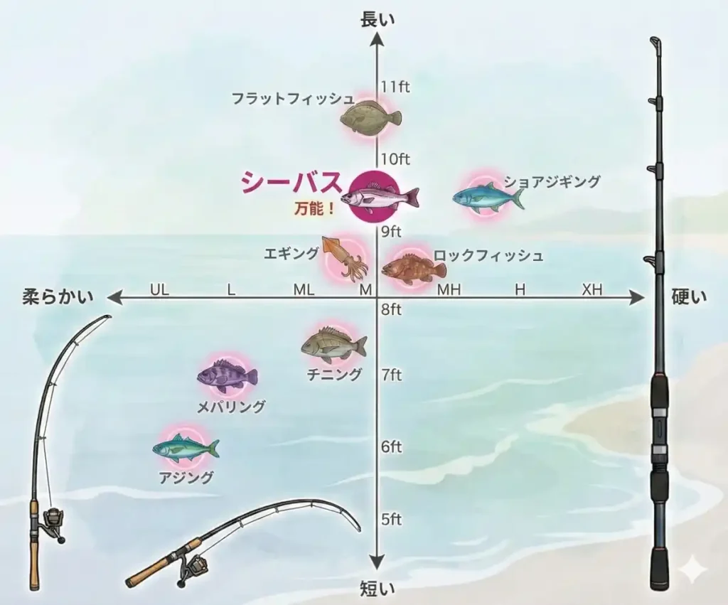 ソルトルアーロッドの硬さ、長さの分布表