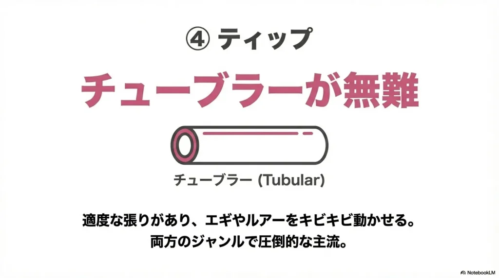 リギングとシーバスでロッドを兼用するときは、ティップはチューブラーがおすすめ。