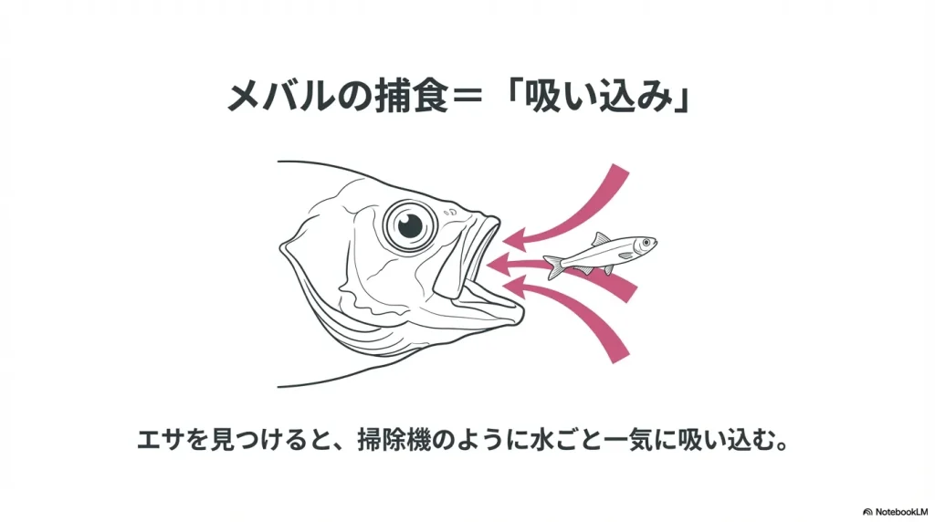 メバルはエサをまわりの水ごと吸い込むように捕食する
