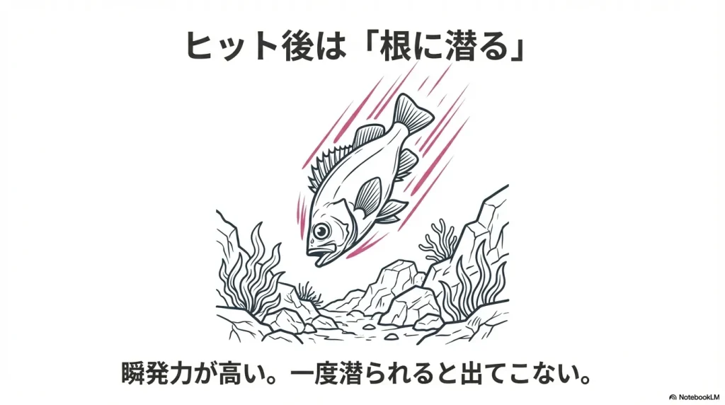 メバルはヒット後に根に潜る。一度潜られるとなかなか出てこない。