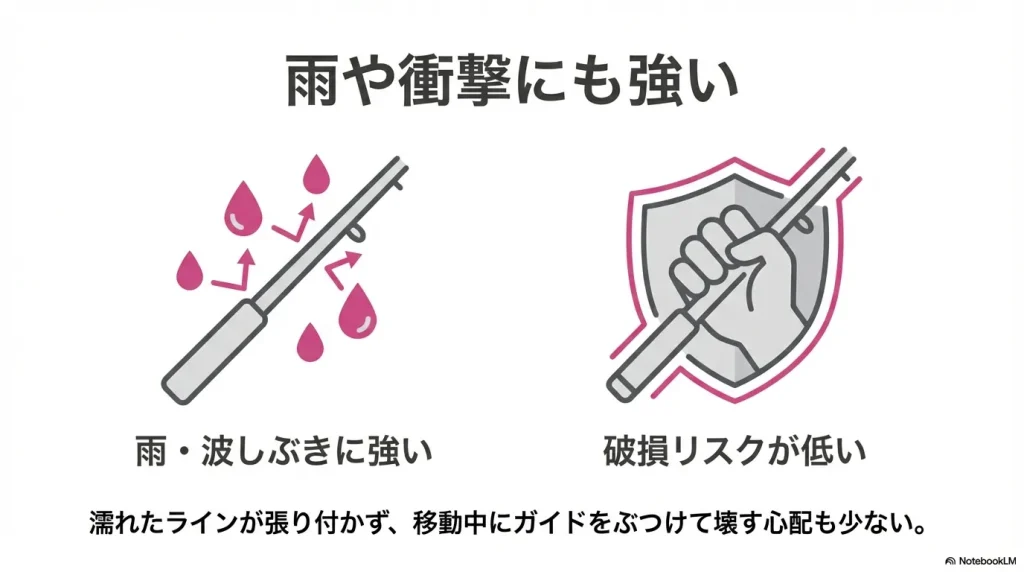 インターラインロッドは雨や波しぶき、物理的な破損リスクにも強い