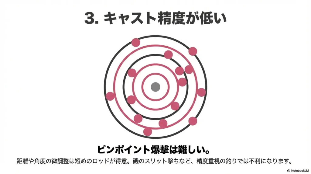 ロングロッドはキャスト精度が低くなりがち。