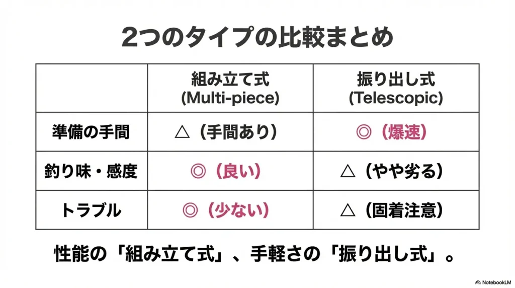 組み立て式と振り出し式の特徴比較